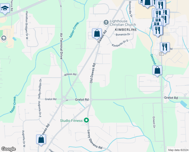 map of restaurants, bars, coffee shops, grocery stores, and more near 1235 Leroy Stevens Road in Mobile