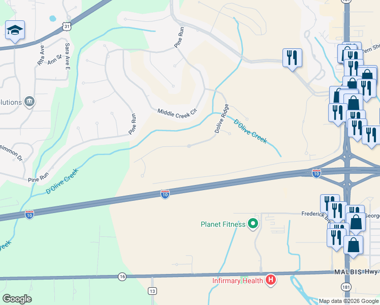 map of restaurants, bars, coffee shops, grocery stores, and more near 30119 Dolive Ridge in Spanish Fort