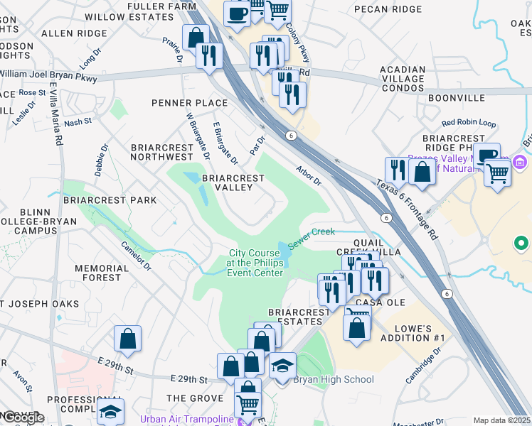 map of restaurants, bars, coffee shops, grocery stores, and more near 2426 Briargate Drive in Bryan