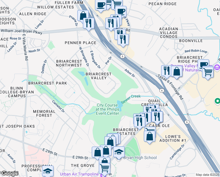 map of restaurants, bars, coffee shops, grocery stores, and more near 2426 Briargate Drive in Bryan