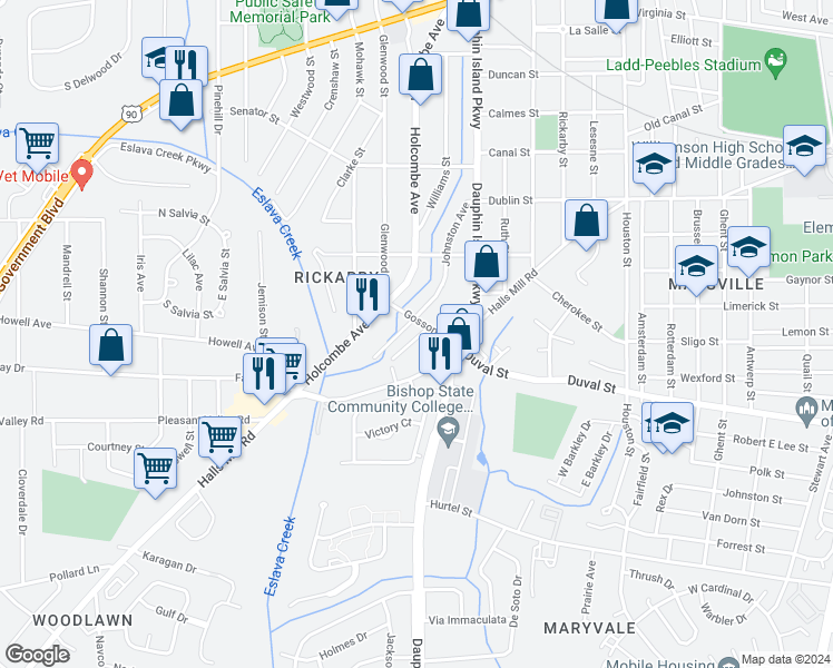 map of restaurants, bars, coffee shops, grocery stores, and more near 754 Farnell Street in Mobile