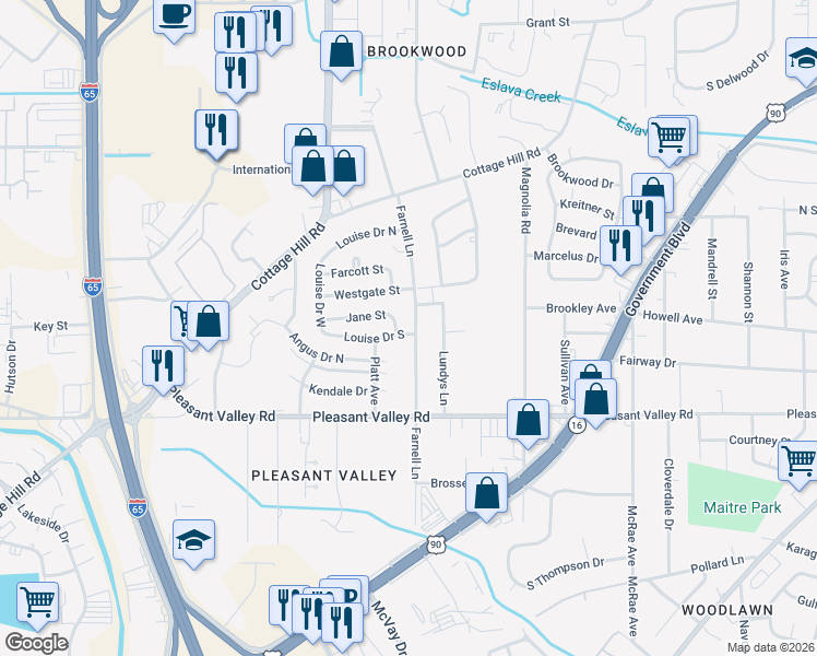 map of restaurants, bars, coffee shops, grocery stores, and more near 3000 Louise Drive South in Mobile