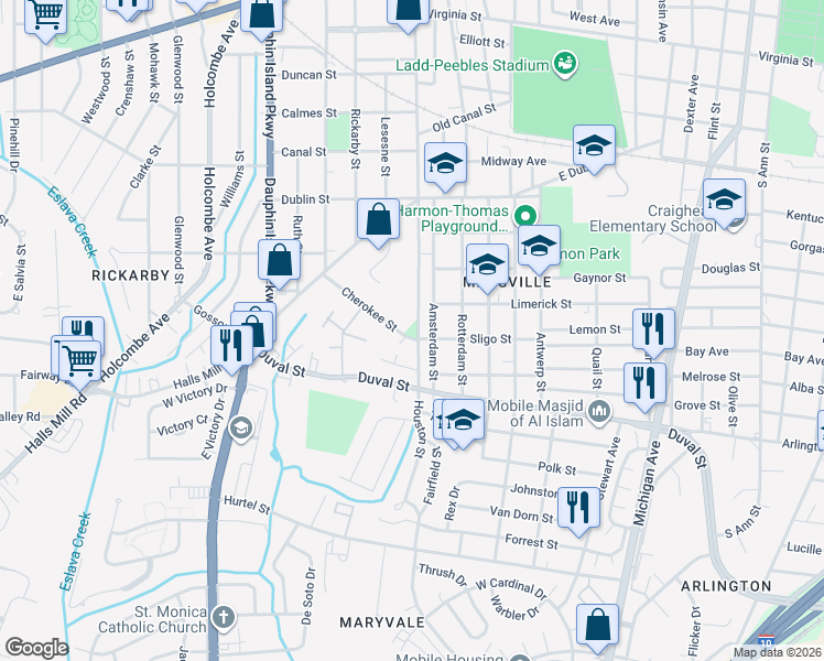 map of restaurants, bars, coffee shops, grocery stores, and more near 1160 Houston St in Mobile