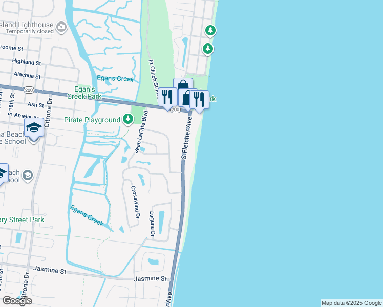 map of restaurants, bars, coffee shops, grocery stores, and more near 244 South Fletcher Avenue in Fernandina Beach