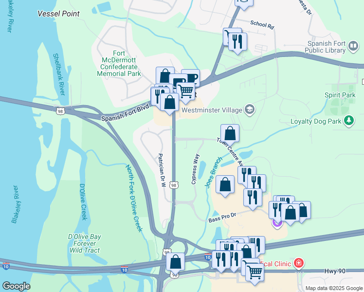 map of restaurants, bars, coffee shops, grocery stores, and more near 10000 Town Centre Avenue in Spanish Fort