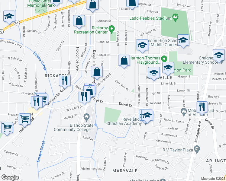 map of restaurants, bars, coffee shops, grocery stores, and more near 1224 Murray Hill Court in Mobile