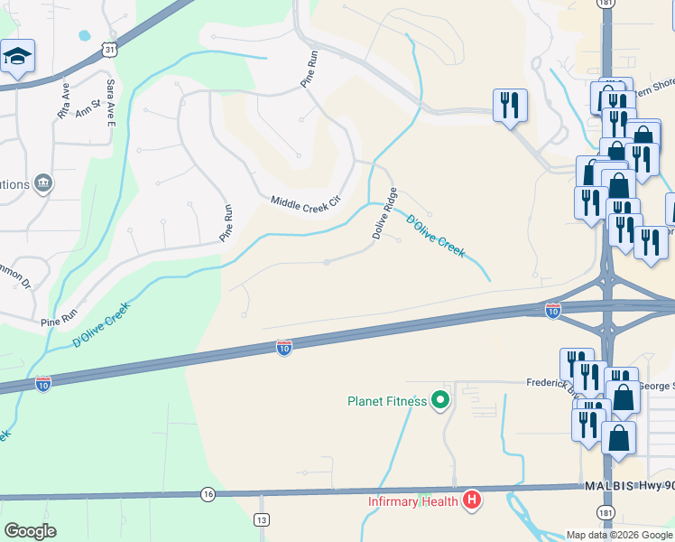 map of restaurants, bars, coffee shops, grocery stores, and more near 30119 Dolive Ridge in Spanish Fort