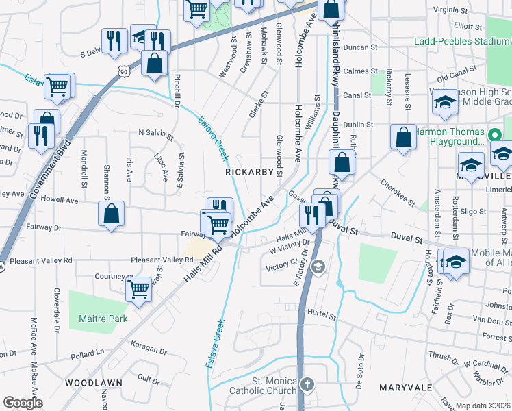 map of restaurants, bars, coffee shops, grocery stores, and more near 800 Holcombe Avenue in Mobile