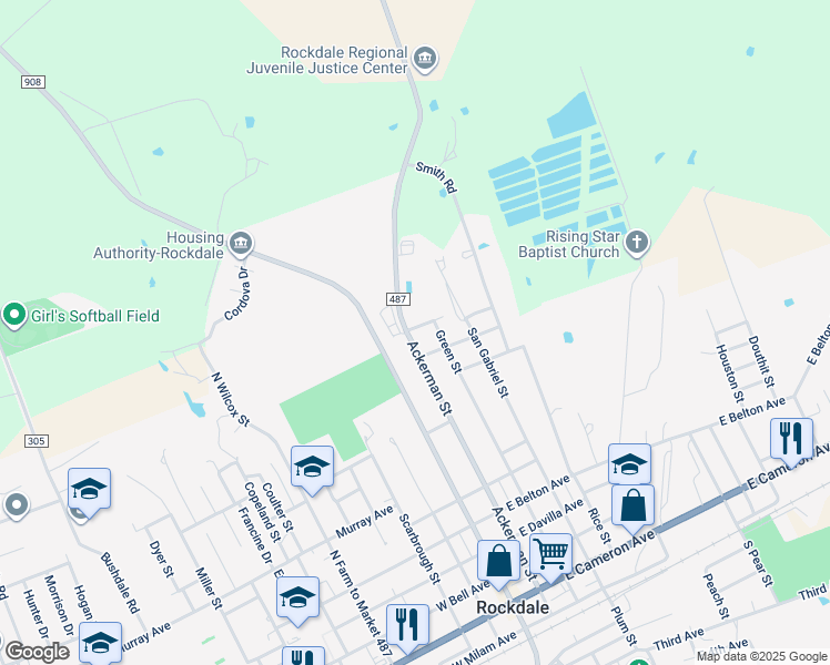 map of restaurants, bars, coffee shops, grocery stores, and more near 906 Ackerman Street in Rockdale