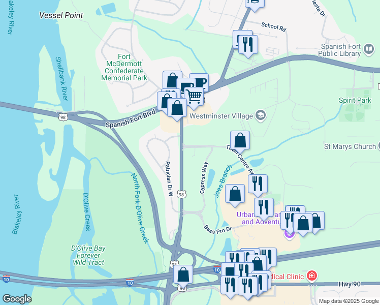map of restaurants, bars, coffee shops, grocery stores, and more near 10000 Town Centre Avenue in Spanish Fort