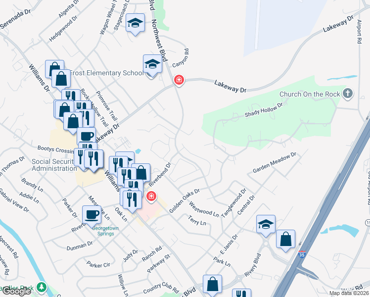 map of restaurants, bars, coffee shops, grocery stores, and more near 422 Northwood Drive in Georgetown
