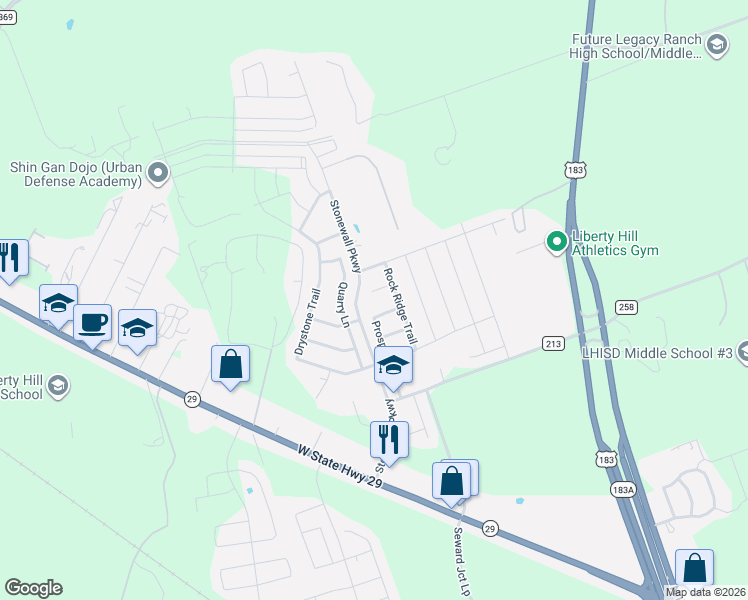 map of restaurants, bars, coffee shops, grocery stores, and more near 229 Prospector Lane in Liberty Hill