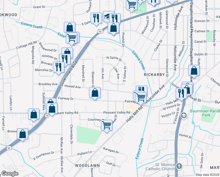 map of restaurants, bars, coffee shops, grocery stores, and more near 2401 Howell Avenue in Mobile