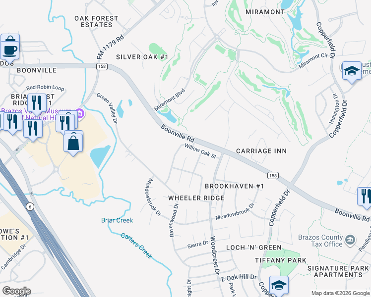 map of restaurants, bars, coffee shops, grocery stores, and more near 4114 Willow Oak Street in Bryan