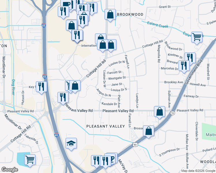 map of restaurants, bars, coffee shops, grocery stores, and more near 3121 Jane Street in Mobile