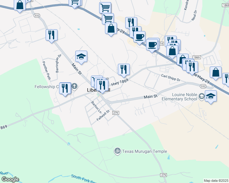 map of restaurants, bars, coffee shops, grocery stores, and more near 114 East Myrtle Lane in Liberty Hill