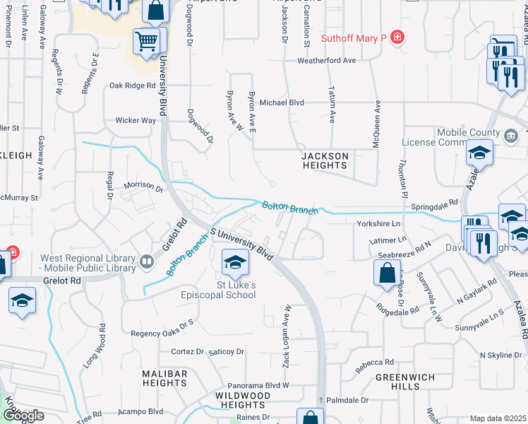 map of restaurants, bars, coffee shops, grocery stores, and more near 501 Georgian Drive in Mobile