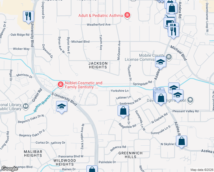 map of restaurants, bars, coffee shops, grocery stores, and more near 4128 Yorkshire Lane in Mobile