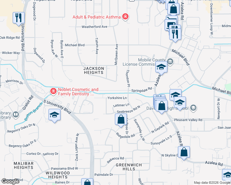 map of restaurants, bars, coffee shops, grocery stores, and more near 4116 Yorkshire Lane in Mobile