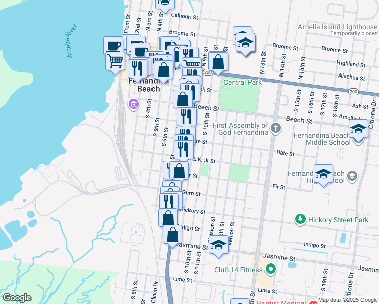 map of restaurants, bars, coffee shops, grocery stores, and more near 423 South 9th Street in Fernandina Beach