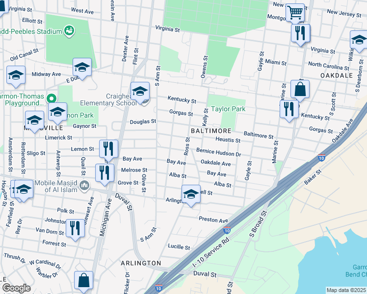 map of restaurants, bars, coffee shops, grocery stores, and more near 1151 Ross Street in Mobile