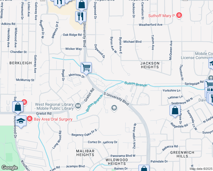 map of restaurants, bars, coffee shops, grocery stores, and more near 701 South University Boulevard in Mobile