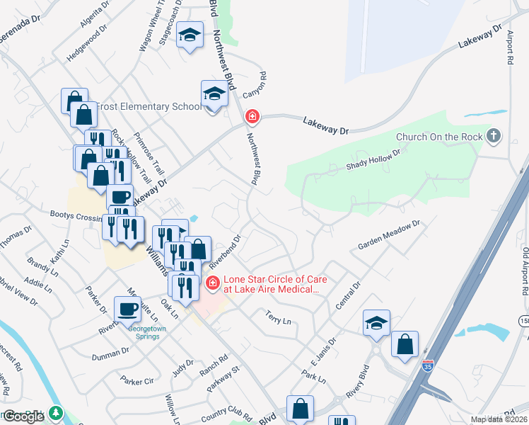 map of restaurants, bars, coffee shops, grocery stores, and more near 422 Northwood Drive in Georgetown