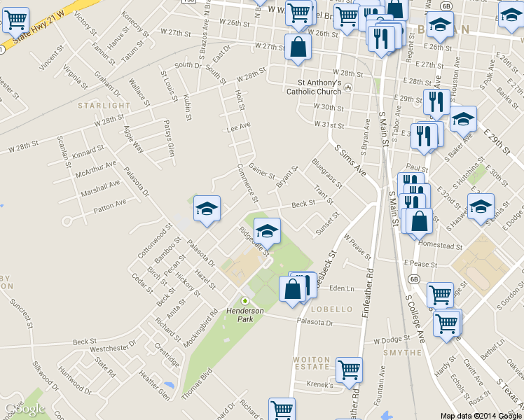 map of restaurants, bars, coffee shops, grocery stores, and more near 1399 Beck St in Bryan