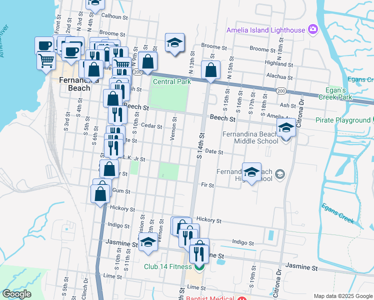 map of restaurants, bars, coffee shops, grocery stores, and more near 403 South 13th Terrace in Fernandina Beach