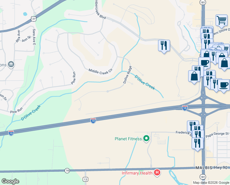 map of restaurants, bars, coffee shops, grocery stores, and more near 30193 Dolive Ridge in Spanish Fort