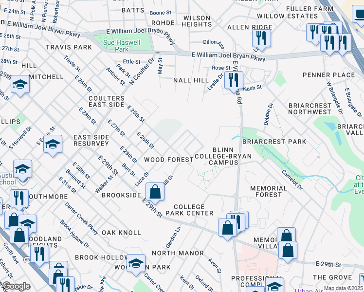map of restaurants, bars, coffee shops, grocery stores, and more near in Bryan