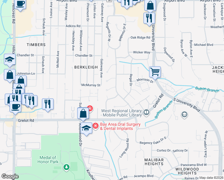 map of restaurants, bars, coffee shops, grocery stores, and more near 5757 Duchess Court in Mobile