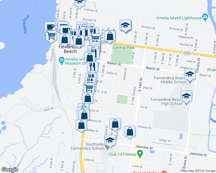 map of restaurants, bars, coffee shops, grocery stores, and more near 408 South 11th Street in Fernandina Beach