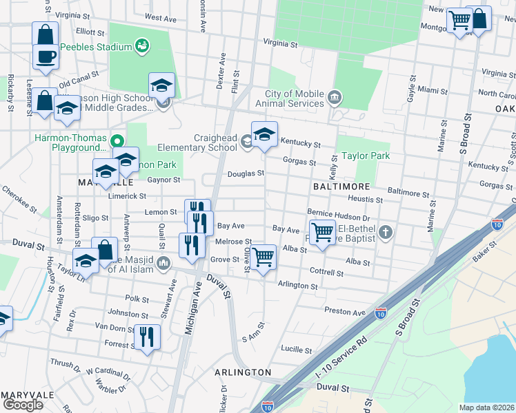 map of restaurants, bars, coffee shops, grocery stores, and more near 1150-1152 South Ann Street in Mobile