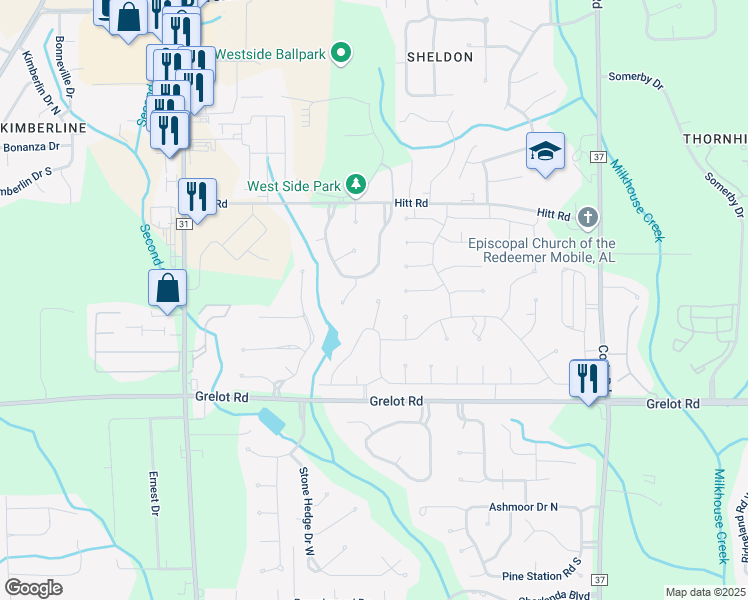 map of restaurants, bars, coffee shops, grocery stores, and more near 1220 Harrigan Court in Mobile