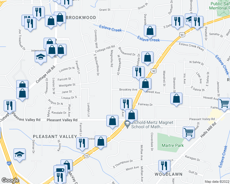 map of restaurants, bars, coffee shops, grocery stores, and more near 751 Magnolia Road in Mobile