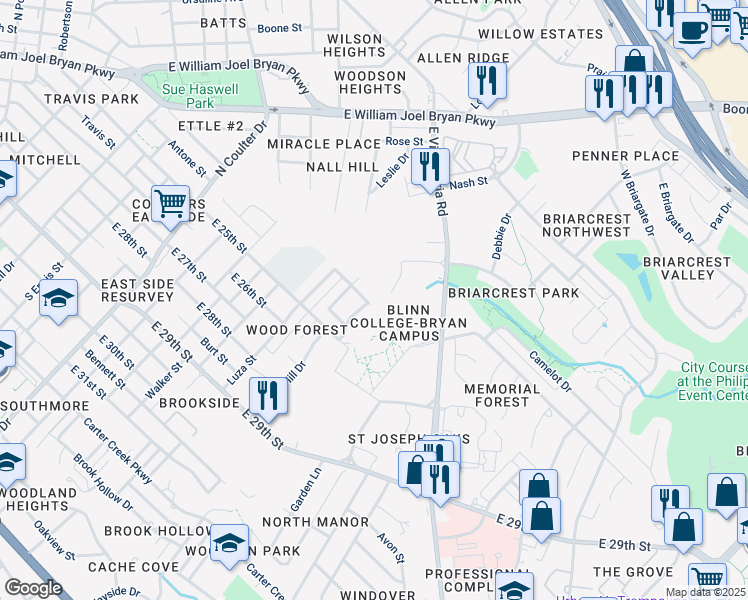 map of restaurants, bars, coffee shops, grocery stores, and more near 1809 Richmond Avenue in Bryan