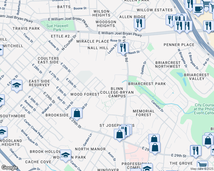 map of restaurants, bars, coffee shops, grocery stores, and more near 1809 Richmond Avenue in Bryan