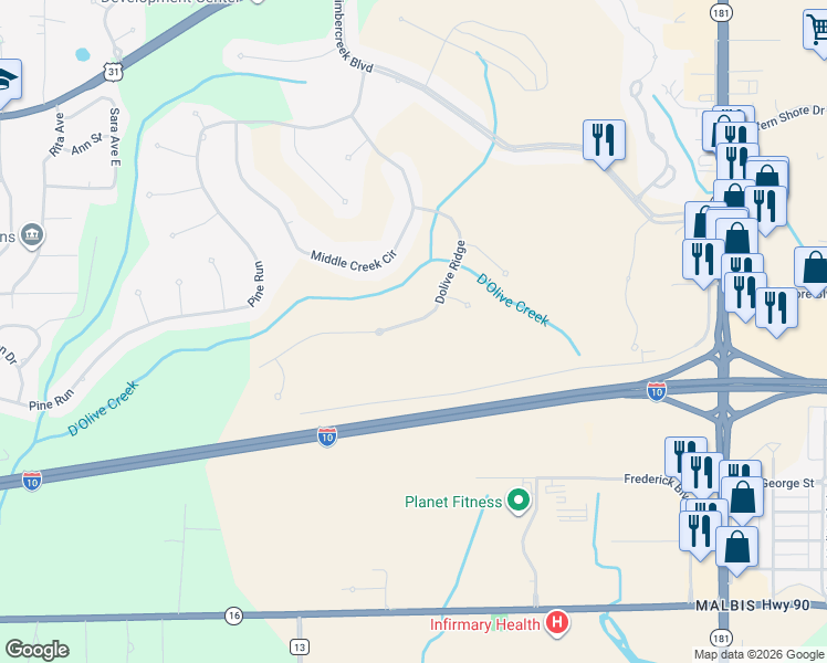 map of restaurants, bars, coffee shops, grocery stores, and more near 30193 Dolive Ridge in Spanish Fort