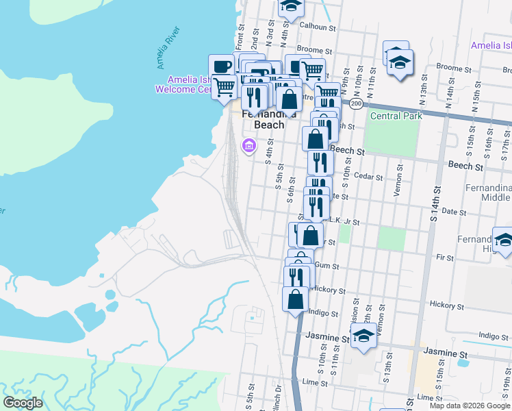 map of restaurants, bars, coffee shops, grocery stores, and more near 311 Elm Street in Fernandina Beach