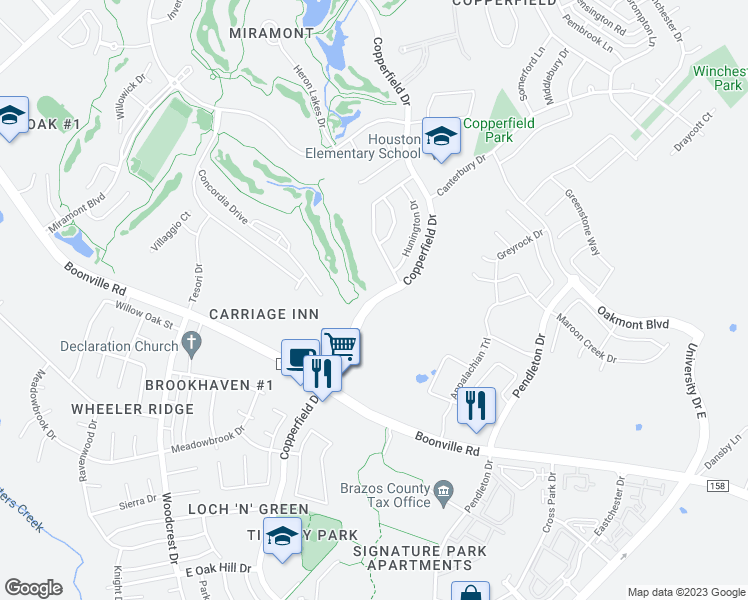 map of restaurants, bars, coffee shops, grocery stores, and more near 4647 Copperfield Drive in Bryan