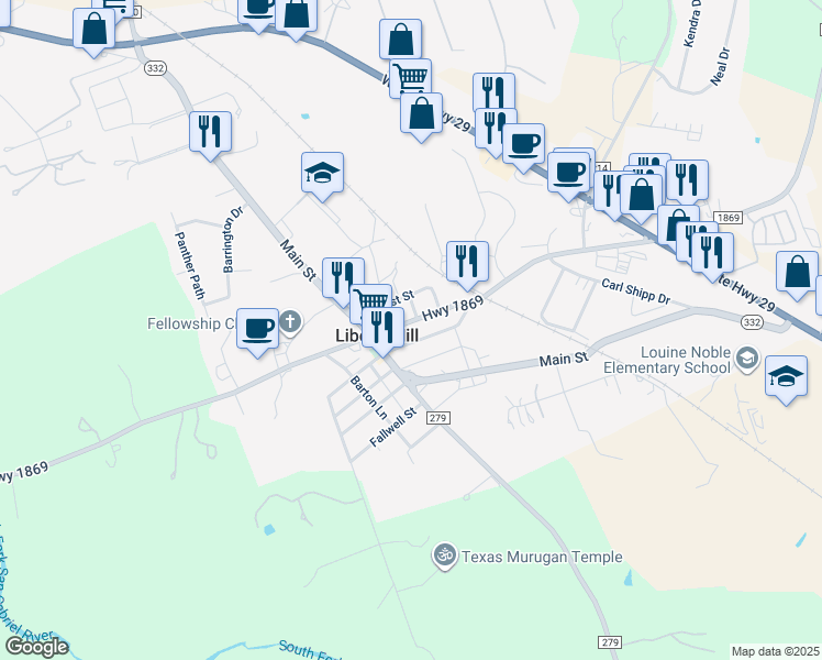 map of restaurants, bars, coffee shops, grocery stores, and more near 106 East Myrtle Lane in Liberty Hill
