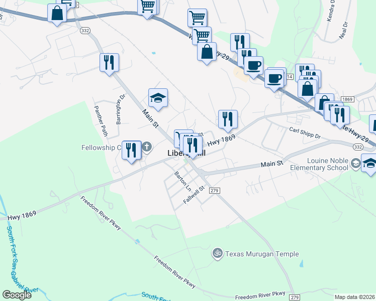 map of restaurants, bars, coffee shops, grocery stores, and more near in Liberty Hill