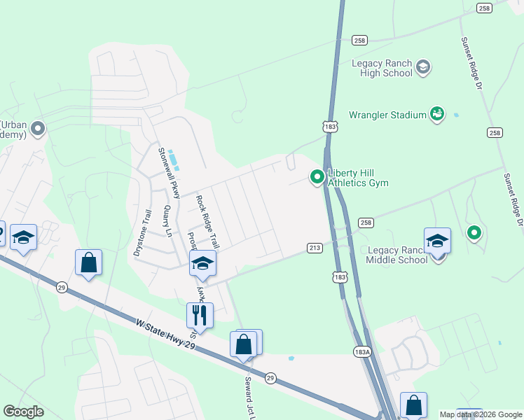 map of restaurants, bars, coffee shops, grocery stores, and more near 333 Capstone Road in Liberty Hill