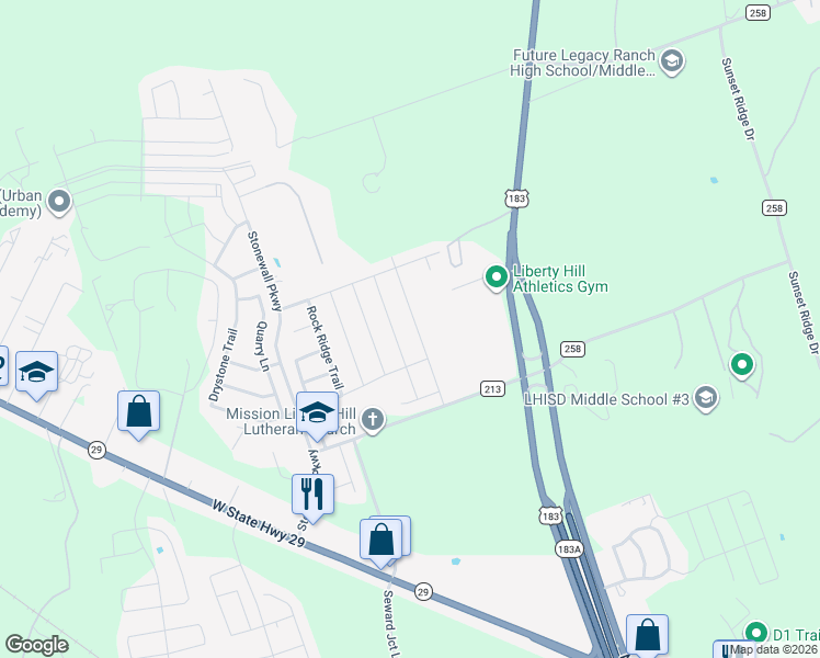 map of restaurants, bars, coffee shops, grocery stores, and more near 208 Magna Lane in Liberty Hill