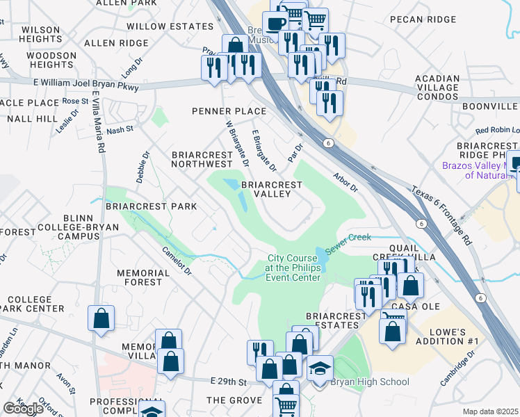 map of restaurants, bars, coffee shops, grocery stores, and more near 2358 West Briargate Drive in Bryan