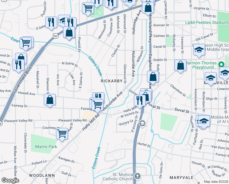 map of restaurants, bars, coffee shops, grocery stores, and more near 800 Holcombe Avenue in Mobile