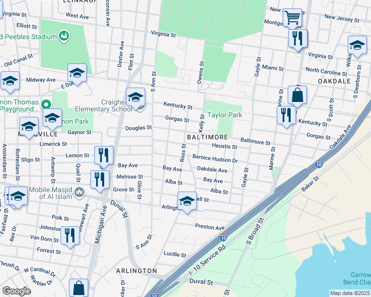 map of restaurants, bars, coffee shops, grocery stores, and more near 1151 Ross Street in Mobile
