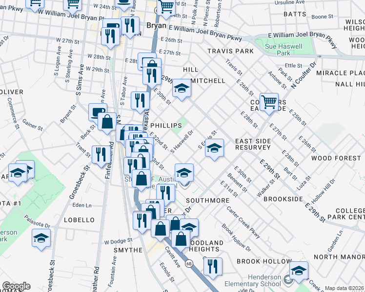 map of restaurants, bars, coffee shops, grocery stores, and more near 708 South Ennis Street in Bryan