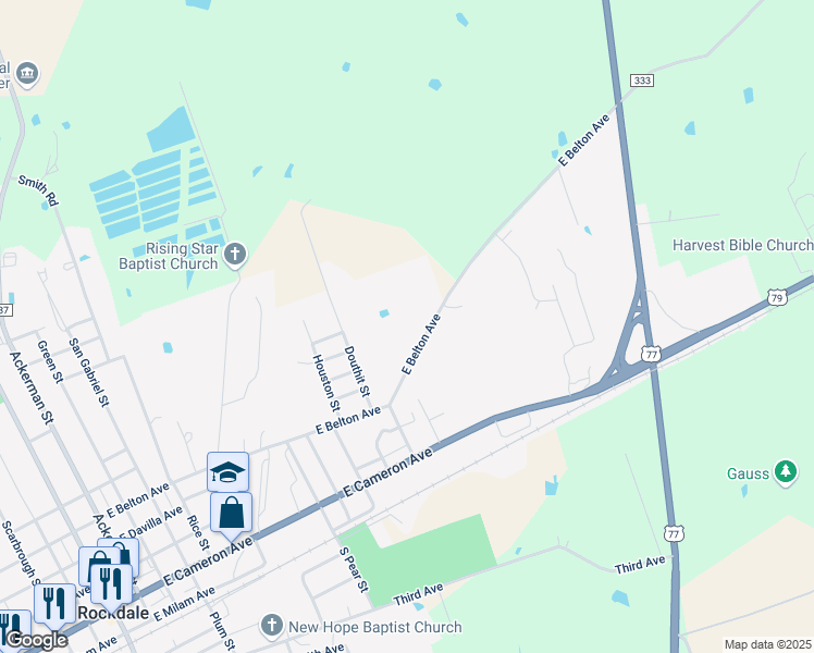 map of restaurants, bars, coffee shops, grocery stores, and more near 1500 East Belton Avenue in Rockdale